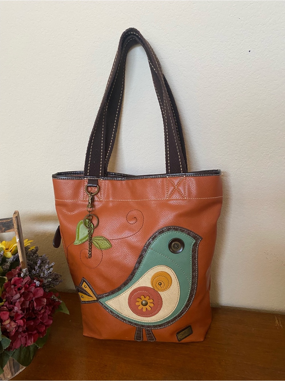 CHALA TWEET Partridge Bird Hobo Tote Shoulder Bag Vegan Leather Orange Purse
